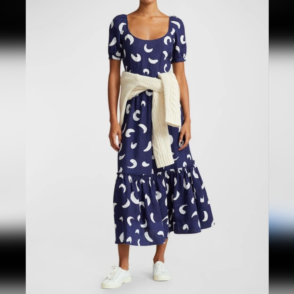 NWOT Polo Ralph Lauren abstract paint stroke linen tiered midi dress